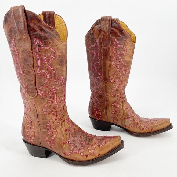 Vintage Old Gringo Brown Celeste Red Embroidered Star Western Cowgirl Boot 6.5 - Picture 1 of 10